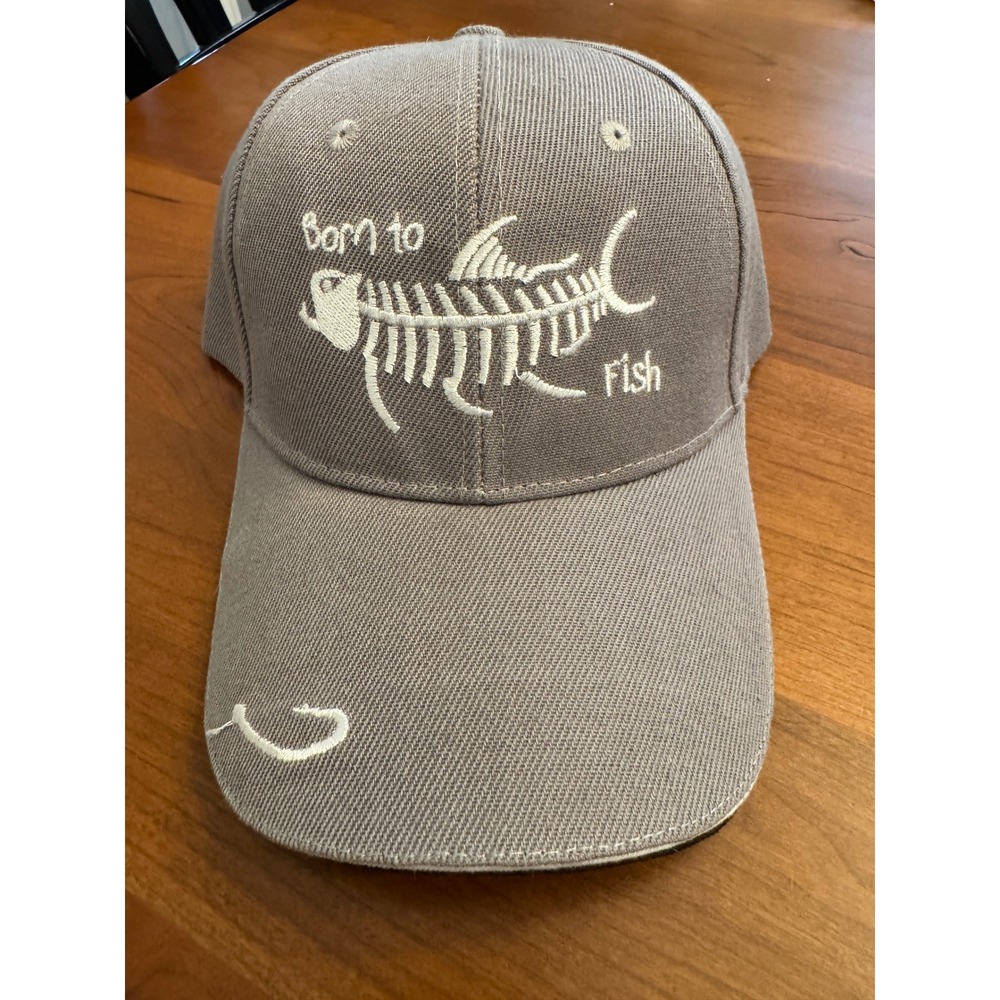 Born to Fish Grey Baseball Cap Fish Skeleton Embroidered Adjustable Hat